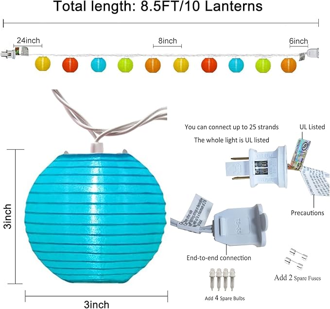 8.5Ft Multicolor Lantern String Lights, Colorful Lantern Lights for Bedroom with 10 Nylon Lanterns Decor, inoor String Lights for Camper Awning Rainbow Camping Party Mexican Fiesta