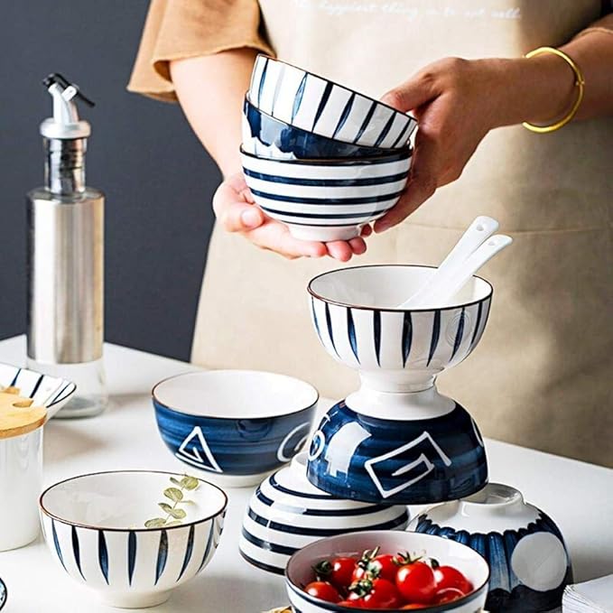 Pottery Tableware,Blue Printed Ceramic Dinnerware Sets Porcelain Combi-Set Dinner Plates Dessert Plates Cereal Bowls Salad Bowls