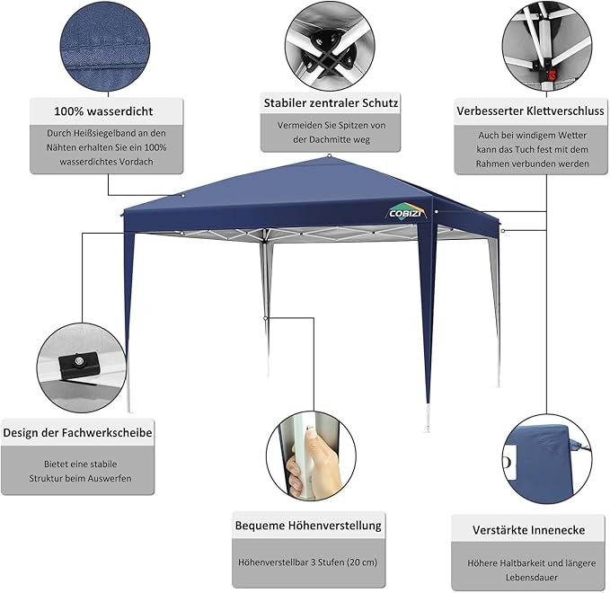 COBIZI 10x10 Pop Up Canopy Tent with 4 Sandbags, Easy Set Up Gazebo, Instant Outdoor Sun Shade &Waterproof Canopy with 8 Stakes,4 Ropes&Carry Bag, Tents for Parties, Beach, Backyard,Camping(Navy Blue