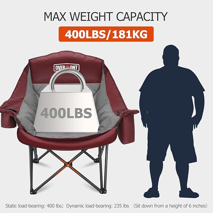 Overmont Oversized XL Camping Chair for Adults - 400lbs Support Heavy-Duty Padded Folding Chair with Side Pocket Cup Holder Cooling Bag for Outdoor Sports Garden Beach Fishing Lawn Red