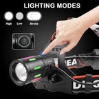 Headlamp Rechargeable LED Head Lamp, Super Bright Zoomable Head Light with Taillight and Night Vision Functions, Headlamps Adults Forehead Flashlight Headlight for Running, Camping, Hiking