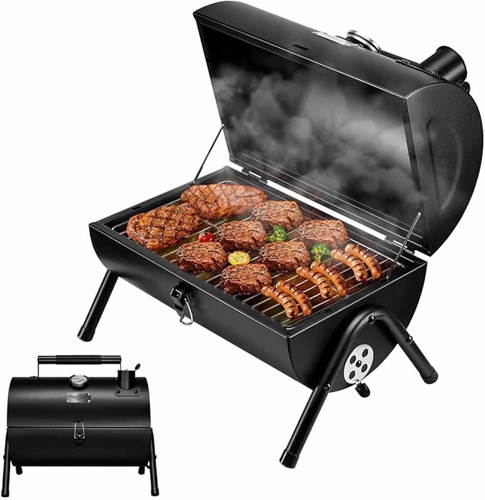 MAISON HUIS Adjustable Portable Charcoal Grill Multi-functional Metal Small BBQ Smoker for Outdoor Hiking(Black)