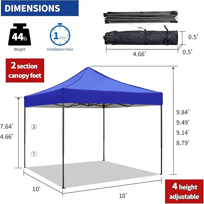 10x10 Pop up Canopy Tent with Sidewalls,Heavy Duty Waterproof Sun Shade Canopy Easy up Canopy with Wheel Bag Commercial Gazebo Tent for Outdoors Parties Vendors Camping Beach(Blue)
