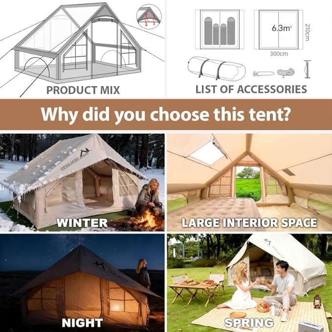 Inflatable Tents for Camping, Large Inflatable Camping Tent with Hand Pump, Easy Setup Tents for 4-6 People, Portable Glamping Tent