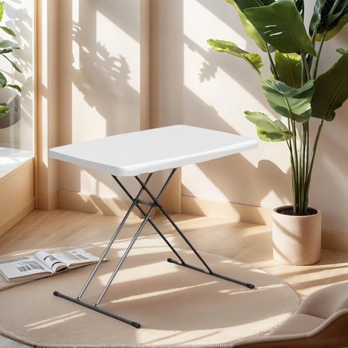 Folding Table 30 Inch - Small Desk Adjustable Height TV Tray for Laptop, Couch, Camping - Heavy Duty Utility Foldable Table for Small Spaces, No Assembly Required, White Granite