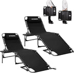 FUNDANGO Chaise Lounge Chair Outdoor, 5-Position Folding Tanning Chair with Detachable Side Table & Pillow, 180° Lay Flat Portable Beach, Heavy Duty U-Frame for Patio, Pool, Lawn, 265lbs（Black 2 pack）