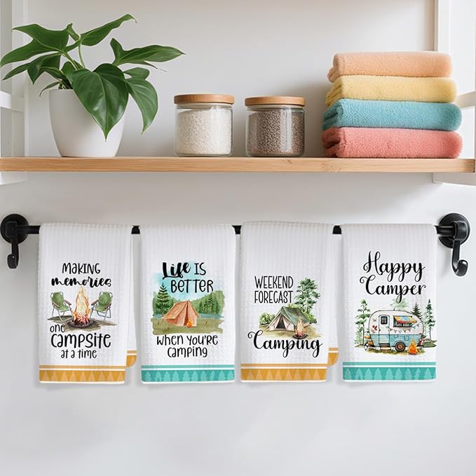 4Pcs Camping Kitchen Towels 24x14 Inch, Bonfire Forest Tent Rv Decor Waffle Weave Dish Towels for Kitchen, White Absorbent Microfiber Hand Tea Towel, Novelty Camping Gifts for Women Campers