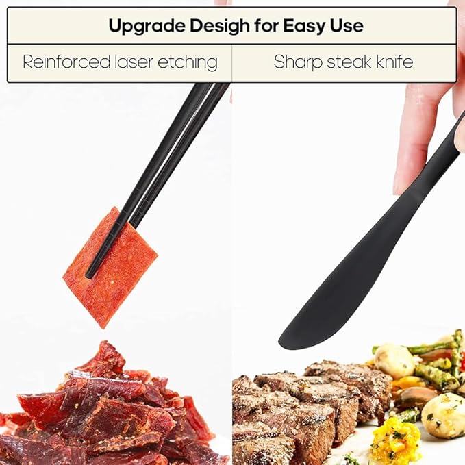 16 Pieces for 4 Persons Chopsticks and Forks Set Silverware Set Kitchen Utensils Set Cutlery Set Flatware Set Dishwasher Safe Mirror Effect for Picnic Camping Barbecue, Gold