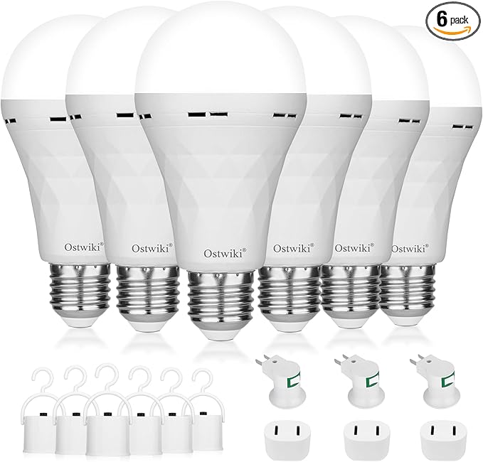 Emergency Rechargeable Light Bulbs,6 Pack Battery Operated Backup Light Bulb for Power Outage Camping Outdoor Hurricane 9W E27 8500K 1200mAh White Equivalent Self-Charging LED Light Bulbs