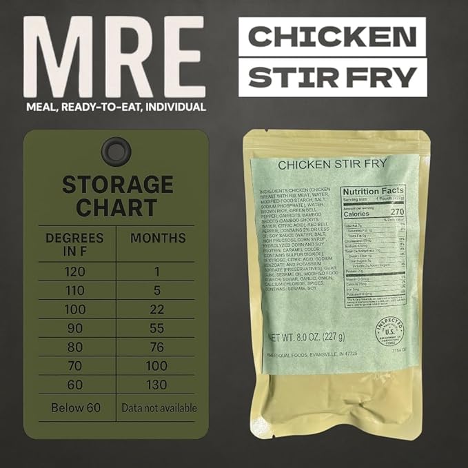 MRE (Meal-Ready-to-Eat) | Single Serving Entree | Emergency Meals | Survival Food | Fresh Dates | Long Shelf Life | Made in USA (3-Pack, Chicken Stir Fry)