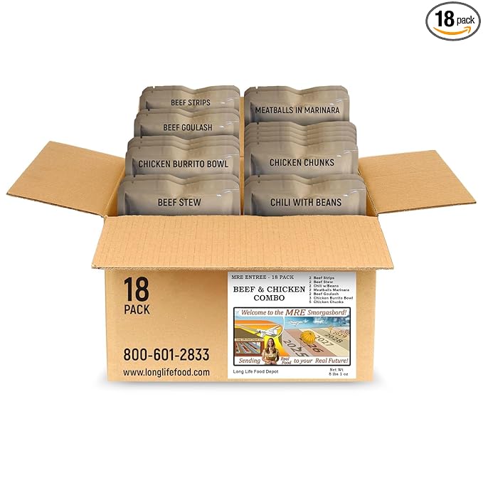 MRE Entrees Variety Pack (18-Pack) – Beef and Chicken Combo – Long Shelf Life – 2024+ Production Dates by Long Life Food Depot – Meals Ready to Eat