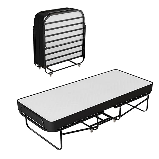 Spring Coil, 16″ High Folding Guest Bed with 5″ Memory Foam Mattress – Sturdy Metal Frame, Easy Access for Seniors, Underbed Storage, Comfortable Rollaway Bed for Guests, 30″ Wide