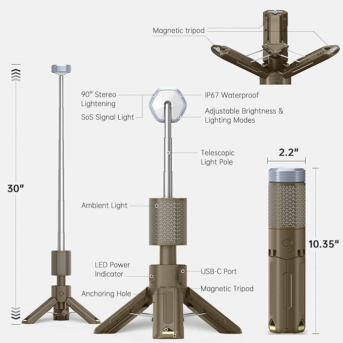 MORIKO Camping Lights Rechargeable Telescopic, Portable Collapsible Magnetic Lantern Camping Essentials, 10,500mAh IP67 Waterproof LED Flashlights, Camping Gear for Hiking Fishing Travel Emergency