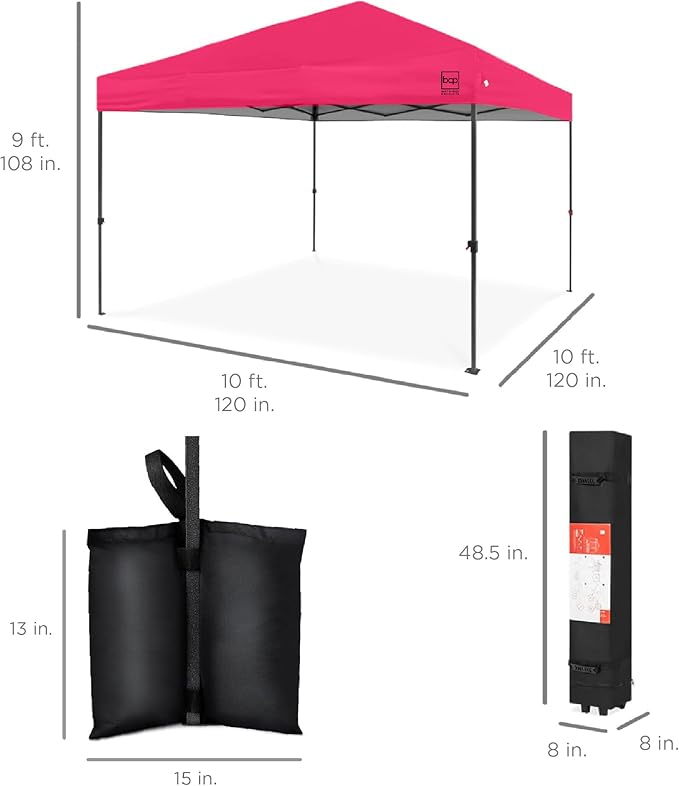 Best Choice Products 10x10ft Pop Up Canopy Tent, Outdoor Shade, 1 Person 1 Minute Set Up, Carry Case, 4 Weight Bags - Hot Pink