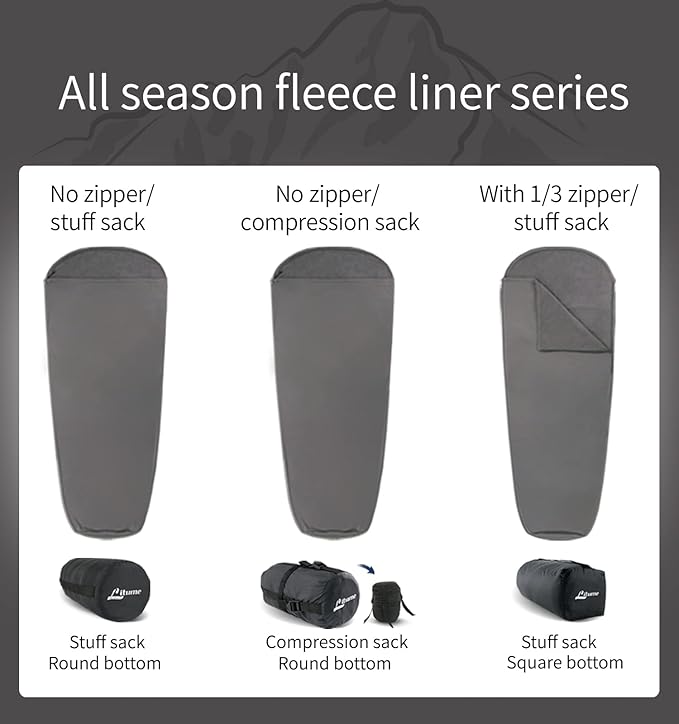 Litume All Season Fleece Sleeping Bag Liner Adds Up to 27°F/ 15°C, Lightweight Mummy Sleeping Sack for Cold Weather and Winter Backpacking, Camping, Traveling with Drawstring Hood and Stuff Sack E629