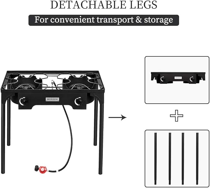 Bonnlo 2 Burner Outdoor Portable Propane Stove Gas Cooker, Heavy Duty Iron Cast Patio Burner with Detachable Stand Legs for Camp Cooking (2-Burner 150,000-BTU)