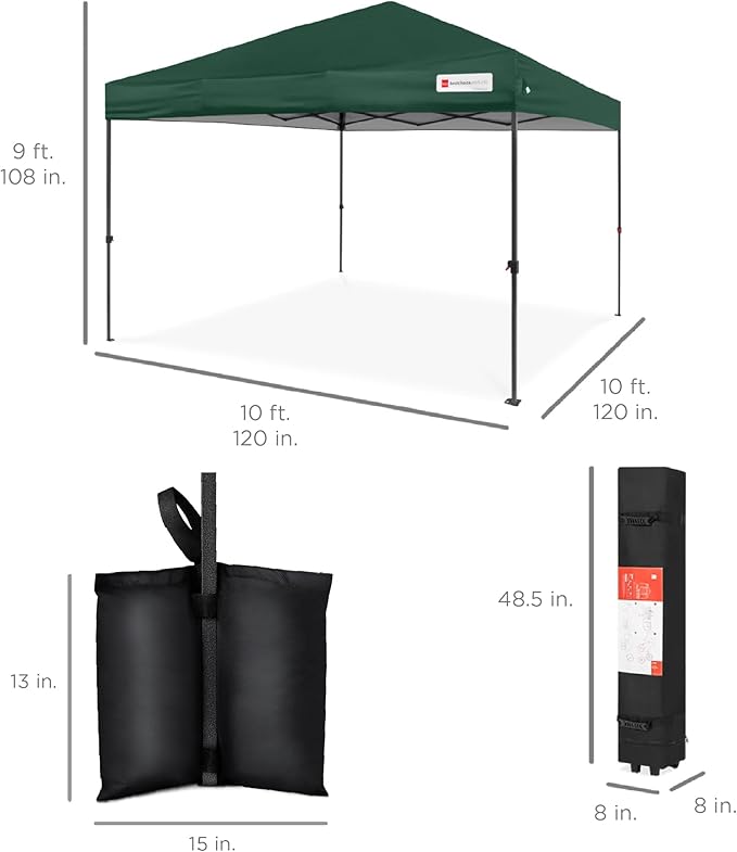 Best Choice Products 10x10ft Pop Up Canopy Tent, Outdoor Shade, 1 Person 1 Minute Set Up, Carry Case, 4 Weight Bags - Dark Green