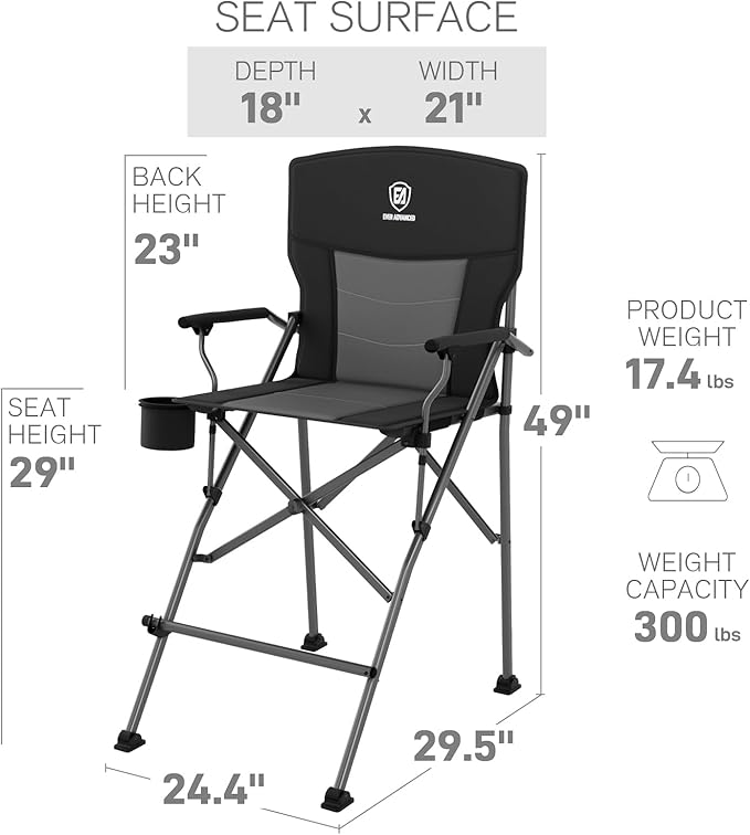 EVER ADVANCED Tall Camping Directors Chair with Cup Holder 31", Bar Height Folding Chair for Camping, Sports with Carry Bag, Mesh Pockets and Footrest, Heavy Duty 300 lbs, Black