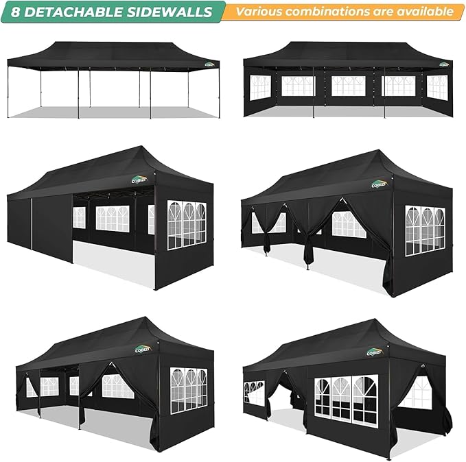 COBIZI 10x30 Heavy Duty pop up Canopy, Commercial10x30 Party Tent for Parties Waterproof Gazebos with 8 Sidewalls, All Season Wind & Waterproof UPF50+,Stable Thickened Frame, Black