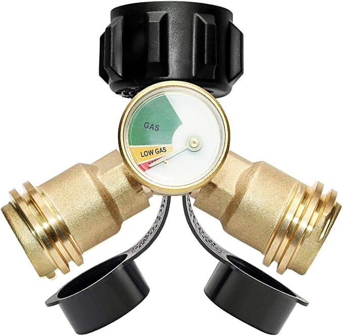 DOZYANT Propane Splitter, Propane Tank Y Splitter Adapter with Gauge, 2 Way LP Gas Adapter Tee Connector for 20lb Propane Tank Cylinder, Work with BBQ Grills, Camping Stoves, Gas Burners, Heater