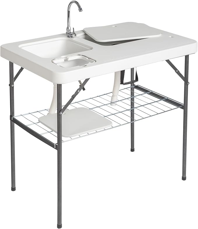 40" Folding Fish Cleaning Camping Table w/Faucet & Sink, Outdoor Portable Fillet Station w/Grid Frame, Knife Groove, Multifunctional Washing Table for Camping or Kitchen, White