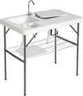 40" Folding Fish Cleaning Camping Table w/Faucet & Sink, Outdoor Portable Fillet Station w/Grid Frame, Knife Groove, Multifunctional Washing Table for Camping or Kitchen, White