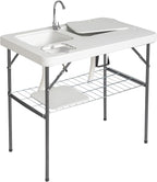 40" Folding Fish Cleaning Camping Table w/Faucet & Sink, Outdoor Portable Fillet Station w/Grid Frame, Knife Groove, Multifunctional Washing Table for Camping or Kitchen, White