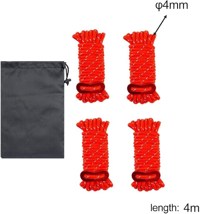 4 Pieces Tent Cords Reflective Guy Lines Heavy Duty Outdoor Climbing Ropes Lightweight Drawstring Bag Supplies for Hiking Travel Camping Backpacking S, Red