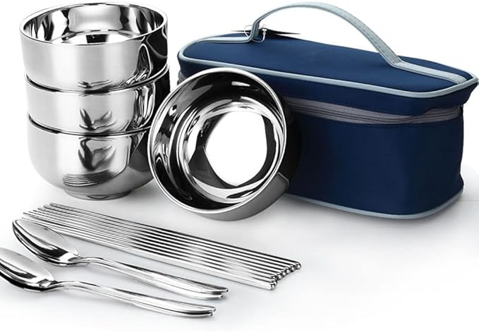 JSEIAJB Picnic Tourist Tableware Set Camping Stainless Steel Cutlery Bowl Chopsticks Spoon Suit Bag Outdoor Travel Hiking Accessories