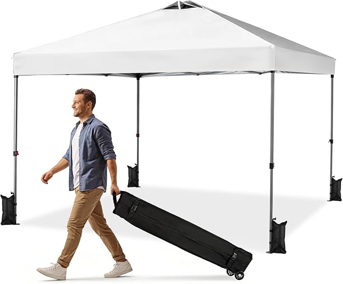OLIXIS 10x10ft 1-Person Pop Up Canopy Tent, Heavy Duty One Push Setup Portable Outdoor Shelter for Beach Events Camping with Rolling Carry Bag, Snow White
