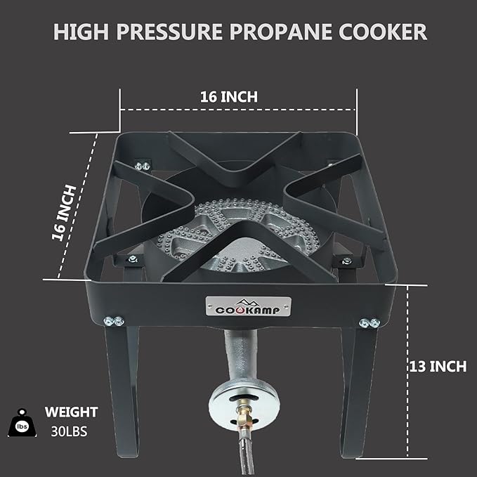 High Pressure 200000 BTU Banjo 1-Burner Outdoor Propane Burner Gas Cooker with 0-30 PSI Adjustable Regulator and Steel Braided Hose (Balck) SA1250