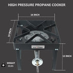 High Pressure 200000 BTU Banjo 1-Burner Outdoor Propane Burner Gas Cooker with 0-30 PSI Adjustable Regulator and Steel Braided Hose (Balck) SA1250