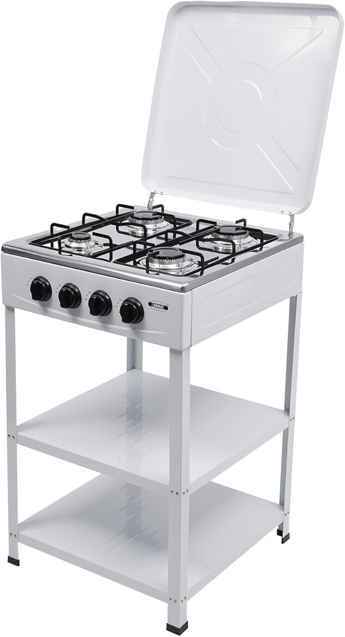 4 Burner Gas Stove, Portable Outdoor Stove with Double storage shelves and Independent Knobs, Heavy Duty Propane Gas Cooker with Wind Blocking Cover for Outdoor Camping BBQ(White)
