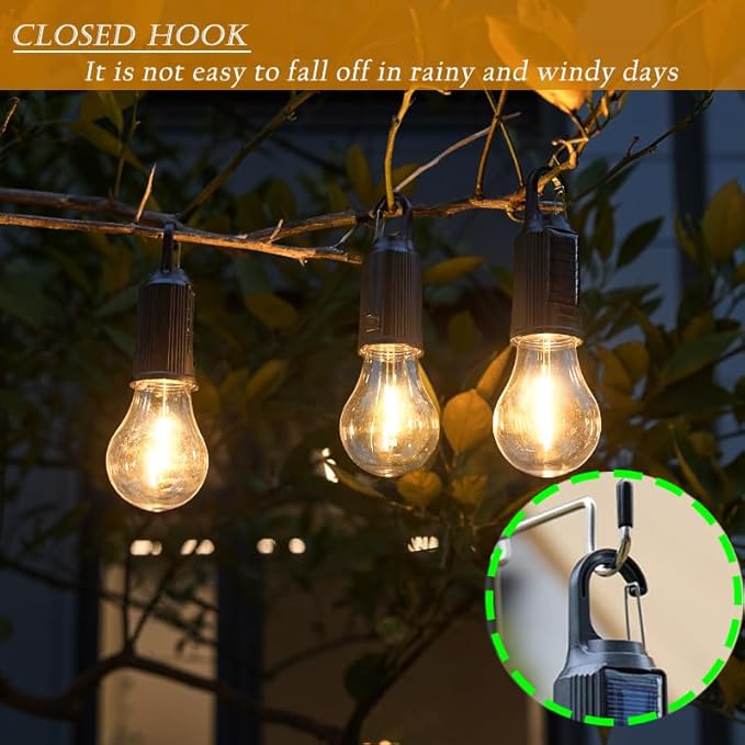 4 Pack Solar Camping Lights Sensor Hanging Hooked Tent Lantern Outdoor USB Rechargeable Bulb Lamp with Clip Hook Keychain 4 Lighting Modes for Christmas Decorations Hiking Backpacking Warm Light