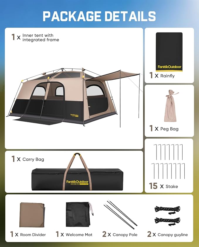FanttikOutdoor Zeta C8/C10 Apex Camping Tent, 8/10 Person Instant Cabin Tent Setup in 60s, Family Tent with Carry Bag for Family Camping & Hiking, Waterproof, Upgraded Ventilation