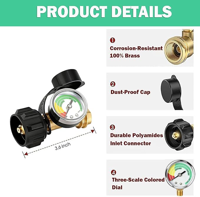 Propane Tank Gauge Gas Pressure Meter, QCC1/Type 1 Connection Solid Brass Weatherproof, Easy Read Level Indicator for Grill RV Camper Fire Pit Camping Stove Patio Heater 5-40 LB Cylinders (2-Pack)
