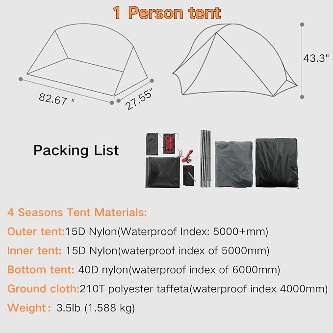 3F UL Gear Waterproof 1/2Person Camping Tent, Windproof Outdoor 3/4Seasons Tent, Portable Camping & Hiking Tent Shelter for Backpacking