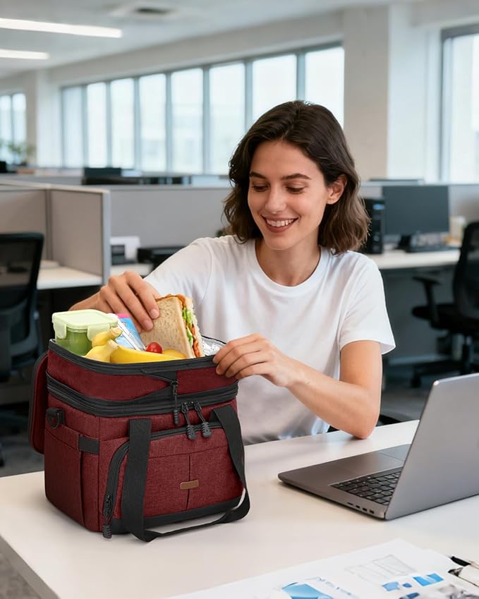 Lunch Box For Men Women Double Deck Insulated Lunch Bag For Men Woman Leakproof Expandable Cooler Bag with Adjustable Shoulder Strap for Work Shool Picnic(Wine Red,Medium)