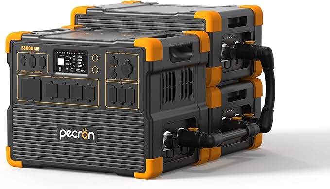 PECRON Portable Power Station E3600LFP with Two 3840Wh Extra Batteries Expandable to 10.75kWh, 5x3600W AC Outlets Power Station, LiFePO4 Battery Backup Solar Generator for RV, Camping, Emergency
