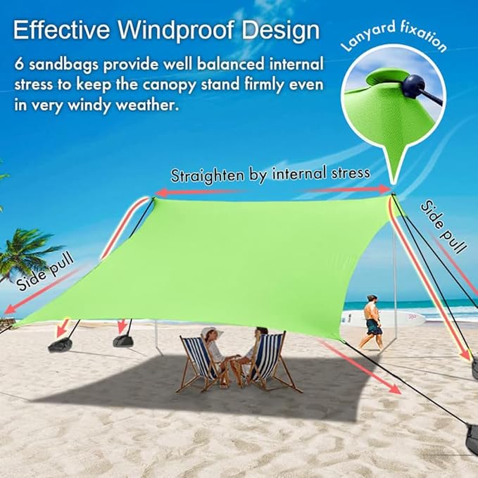 Beach Canopy Windproof Design, Sun Shelter UPF50+ Portable Family Tent with 6 Sandbags Anchors 10x10 FT 2 Pole Pop Up Outdoor Shelter for Beach, Camping, Fishing, Backyard