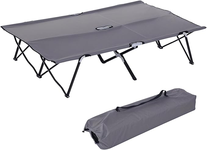 Outsunny 2 Person Folding Camping Cot for Adults, 50" Extra Wide Outdoor Portable Sleeping Cot with Carry Bag, Elevated Camping Bed, Beach Hiking, Grey
