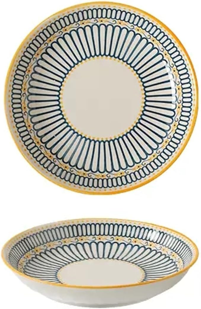 Camping Plates Ceramic Dinner Plate Home Kitchen Round Ceramic Tableware Retro Pattern Dessert Salad Plate Dinner Plate Decorative Plate(C)