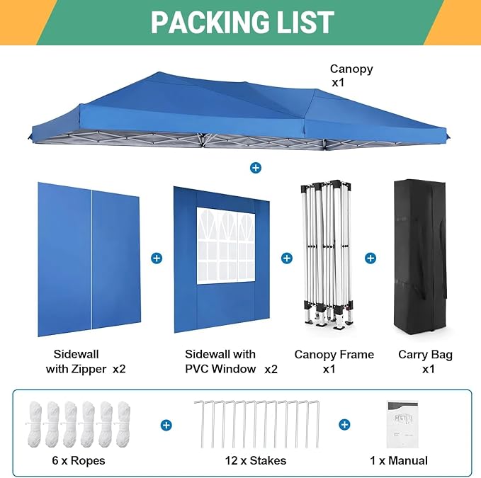 COBIZI Canopy 10x20 Pop Up Canopy with 6 Sidewalls,Waterproof Canopy Outdoor Event Shelter UPF 50+ Gazebo Tents for Parties Beach Camping Wedding Commercial Instant Easy up Canopy 10x20,Blue