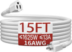 16/3 Indoor Extension Cord 15 FT, White Extension Cord Flexible & Durable, 3 Prong Power Cable, Suitable for Home and Office, 13 Amp 1625 Watt 125VAC 16AWG, ETL Listed