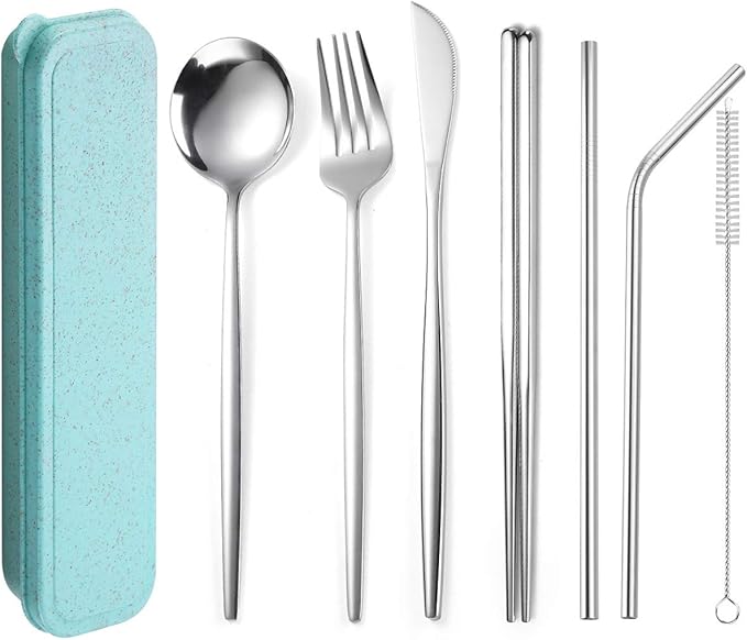 Flatware Silverware Set, Stainless Steel Portable Tableware Set Portuguese Chopsticks Straws Outdoor Camping Knife Fork Spoon, Tableware Cutlery Set(Silver,12Set)