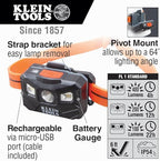 Klein Tools 56064 Rechargeable Auto-Off LED Headlamp, Silicone Strap, 400 lms, All-Day Runtime, for Work, Running, Outdoor Hiking, Camping