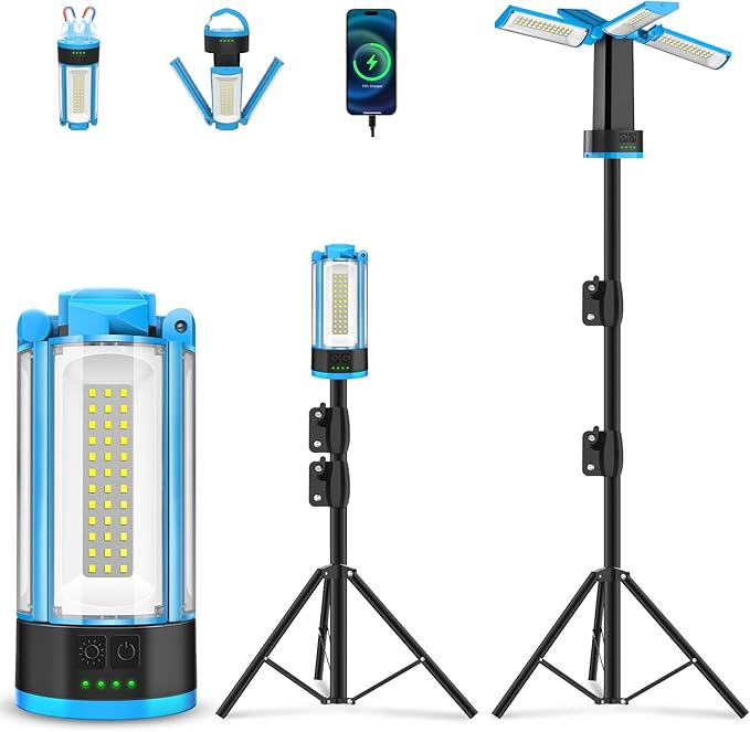 T-SUN Rechargeable 10400mAh Camping Light with Stand, Cordless Work Light with 4 LED Lamp Heads, Portable Light for 6000K Pure Cool White Focused Beam, Detachable Tripod & Storage Bag