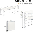 6.0 Ft Folding Portable Camping Table, Adjustable Height, Outdoor Waterproof Aluminum Lightweight Suitcase Table for Picnic, BBQ, Beach, Dining