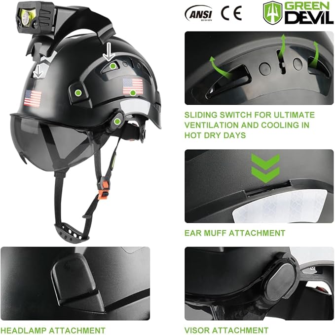GREEN DEVIL Safety Hard Hat with Rechargeable Headlamp Light and Helmet Liner Chin Strap Men Vented Work Hardhats ANSI Z89.1 Approved Cascos de Construccion Ideal for Industrial Construction Forestry