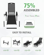 Domi Outdoor Chaise Lounge Chair with Table, HDPE Outdoor Lounge Chair with Reclining Backrest, Patio Chaise Lounger for Poolside, Outside Sunbathing Tanning, Black